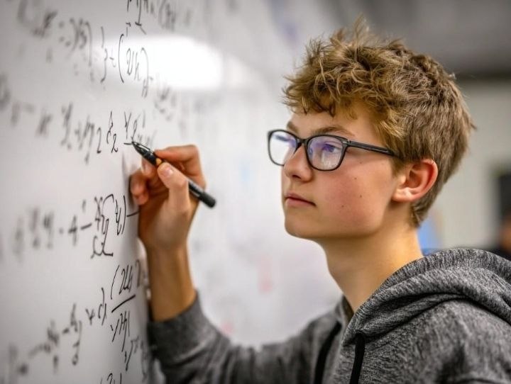 A student Solving a further maths equation on a whiteboard