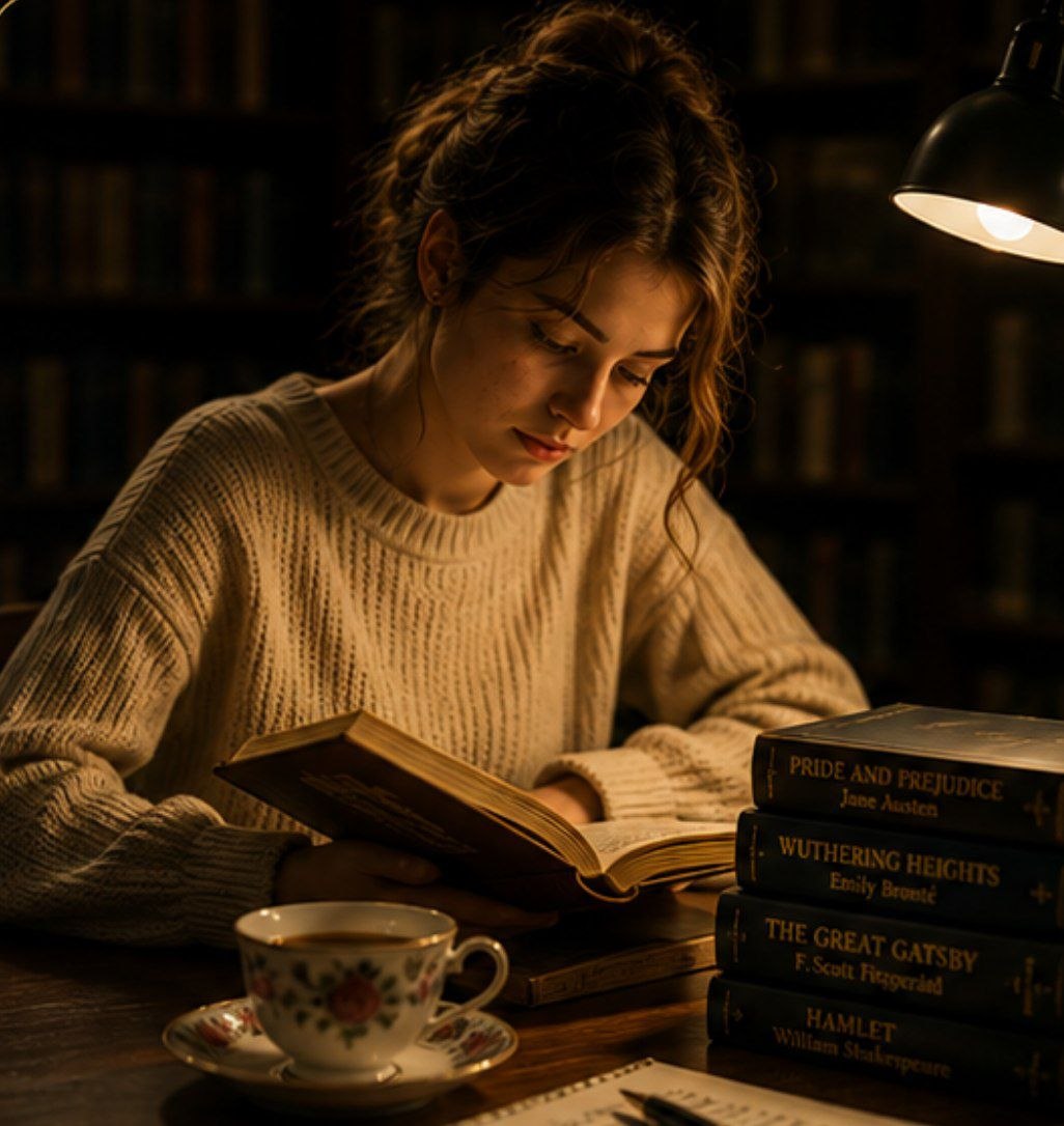 A student reading a novel